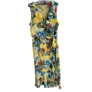LONDON TIMES Sleeveless Flowy Floral Faux Wrap Dress Size 14 Yellow Vacation